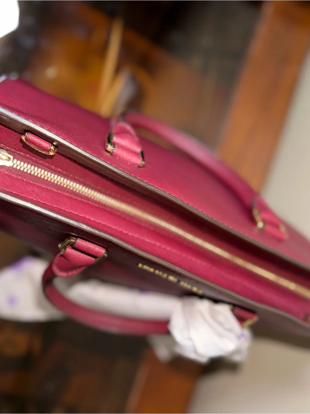 Michael Kors Wine Saffiano Leather Satchel with Scarf Accent